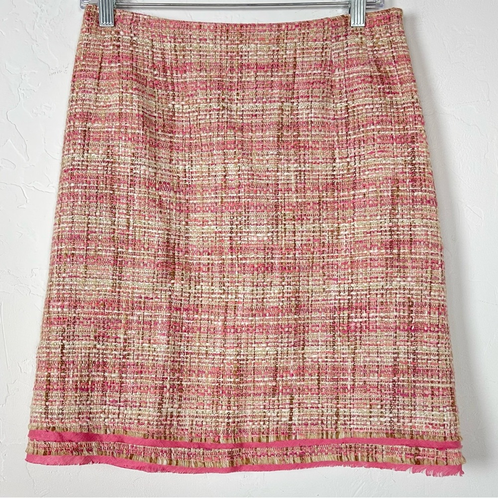 Anni Kuan Skirt Pencil Tweed‎ Knit Pink Tan Lined Ruffled Hem Tiered Linen